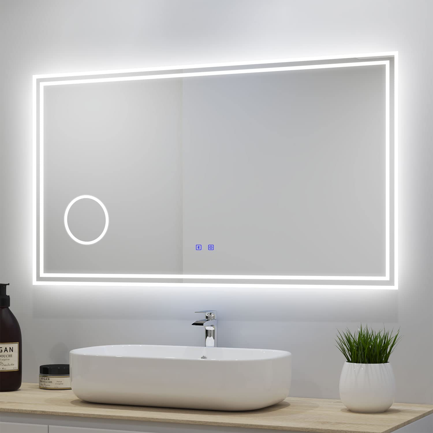 Espejo Rectangular Bluetooth LED de Baño 120 x 70 cm, Lupa para maquillar, 3 Luces Cambiable, Antivaho, Botón Táctil