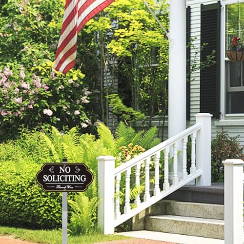 Image of Heavy Duty No Soliciting Sign for House - All Metal Construction - No Soliciting Yard Sign - 14 inch x 7 inch - Aluminum - with 28 inch Long Stake