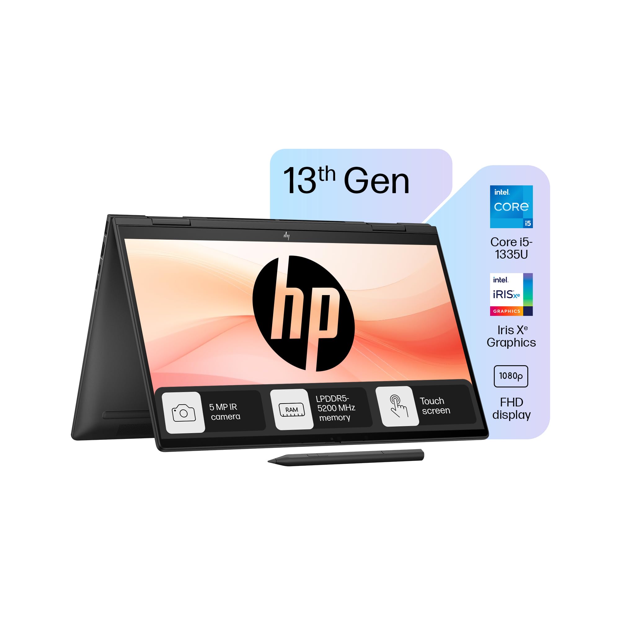 HP Envy x360, 13th Gen Intel Core i5-1335U, 15.6-inch (39.6 cm) FHD,Creator Laptop,16GB LPDDR5, 512GB SSD, Intel Iris Xe Graphics, 5MP IR Camera, B&O, Pen (Win 11,MSO, Black, 2.14 kg), 15-fe0027TU