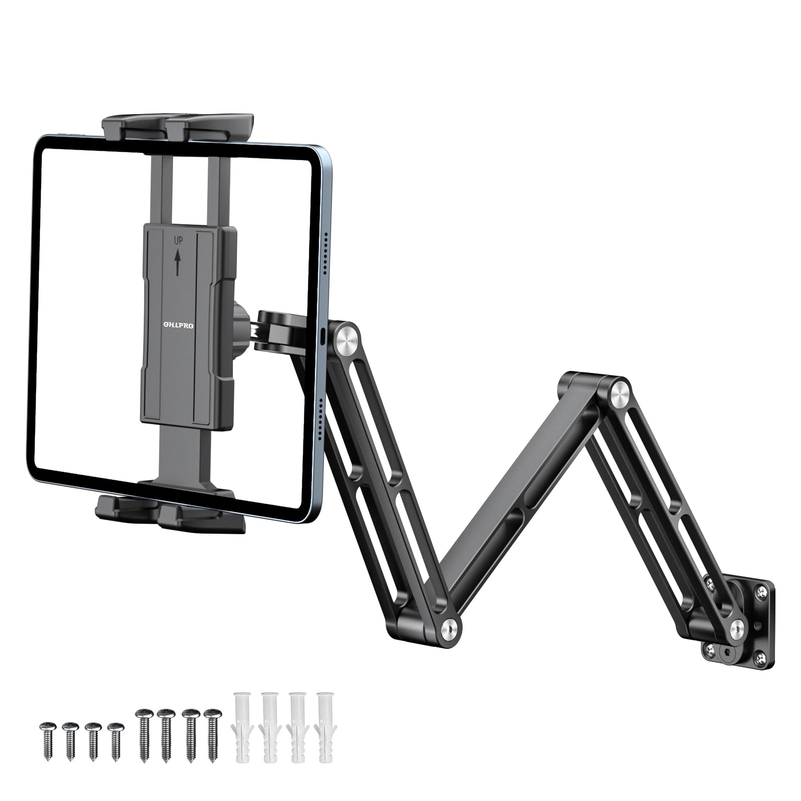 OHLPRO Tablet Wandhalterung, iPad Halterung Wand aus Aluminium Kompatibel mit 5-13" iPad Pro Mini Air Galaxy Tab S9 Kindle Switch mit 360° Drehbar Verstellbar Arm für Küche Bad Fitnessraum
