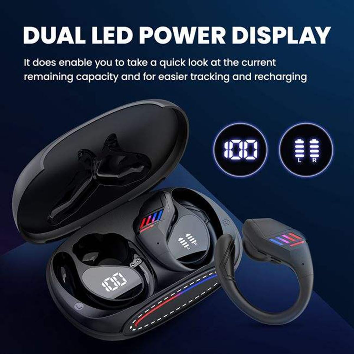 Bluetooth Headphones Wireless Earbuds in Ear Buds,Sports Earphones Deep Bass with Dual LED Power Display Earhooks Headset,Light-Weight Earbud with Mic for Phone Laptop PC TV Running Workout