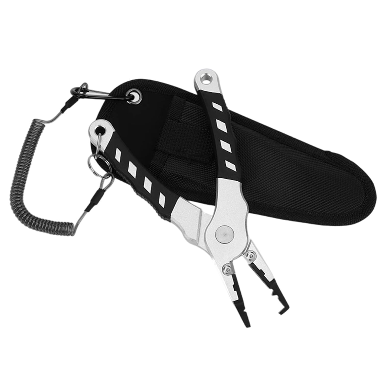 Alicates de aluminio para pesca con funda y cordón en espiral, herramienta multiherramienta, removedor de gancho, cortador de línea trenzada, engranaje de aluminio