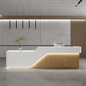 L Shape Reception Desk - Modern Front Desk with Counter and Hidden LED Light, No Assembly Required, Solid Wood Retail Counter- Perfect for Office, Checkout Counter & Retail Counter Use