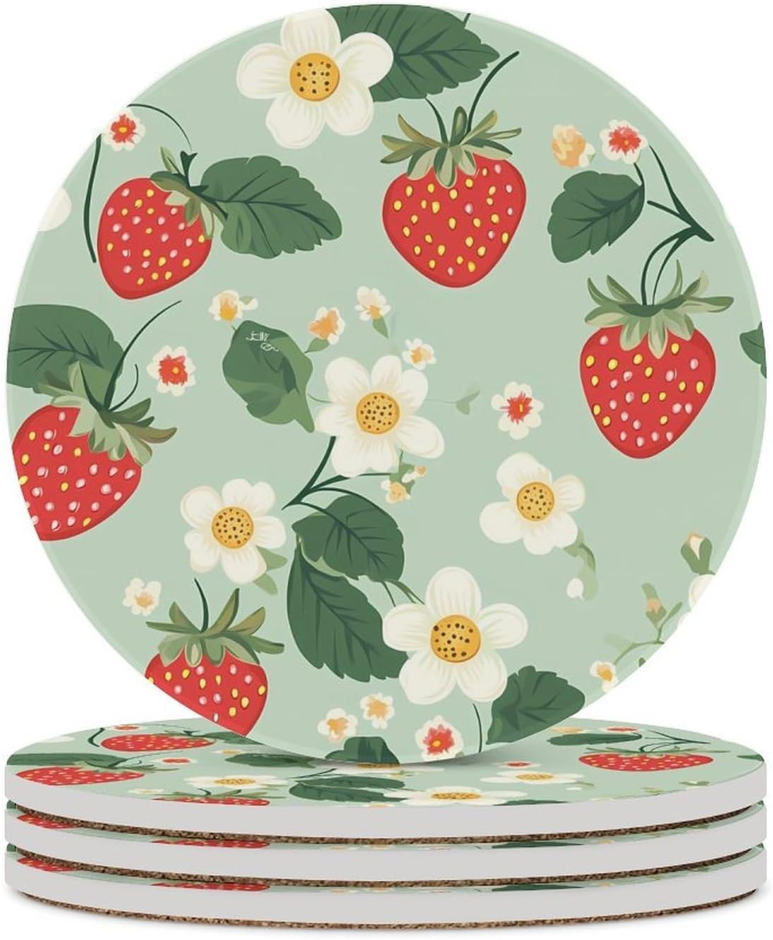 Strawberries Printed Coasters for Drink Round Ceramic Coaster with Cork Base Home Decorative 6PCS
