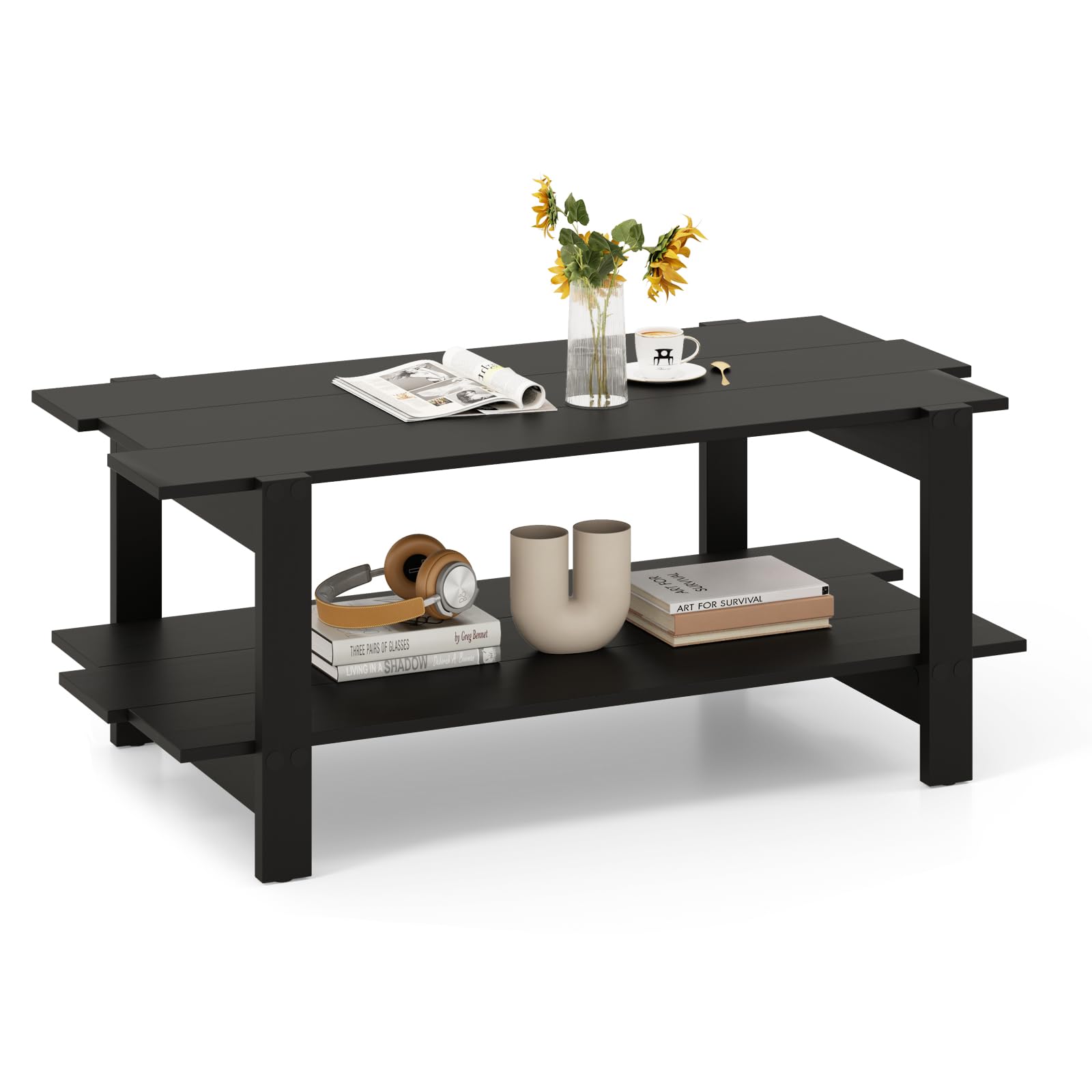 LIFEZEAL Mesa de Centro de 2 Niveles, Mesa de café con almacenaje, Mueble de salón Rectangular, Estilo Industrial, 115x59x46 CM (Negro)