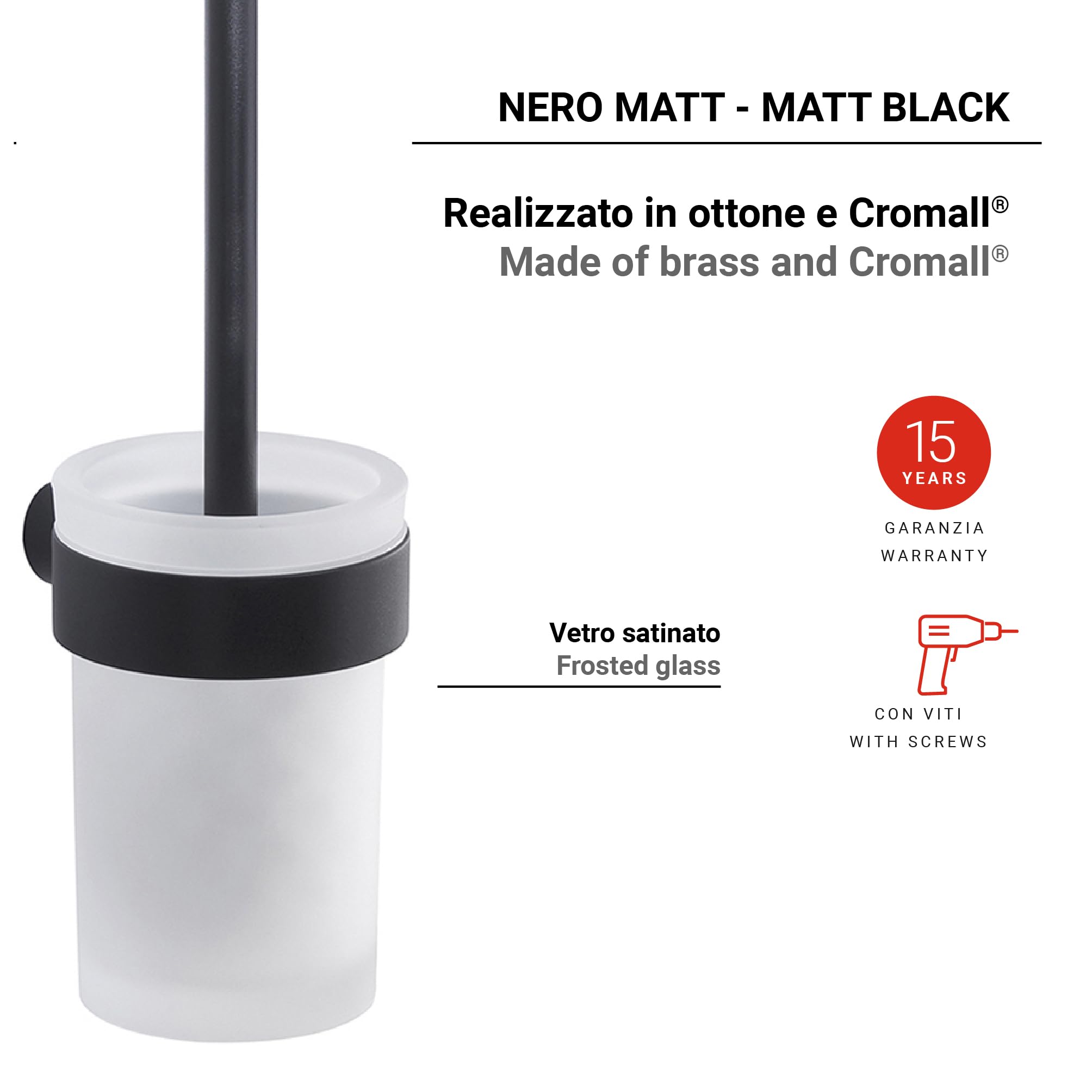 Gedy Pirenei Escobillero Pared Latón Cristal Satinado Negro Mate | L8,4 x P10,4 x H37 cm | Latón/Cristal/Nylon | Pared tornillos+tacos | Negro Mate
