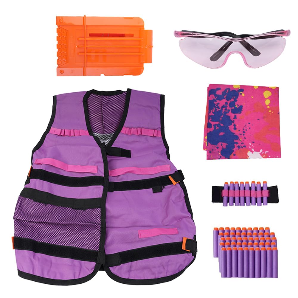 Namvo Kit de Gilet Tactique pour Fille, kit de Gilet Tactique avec balles de Recharge, Bracelet, Masque écharpe, Lunettes de Protection, Clip de rechargement de fléchettes pour la série N-Strike
