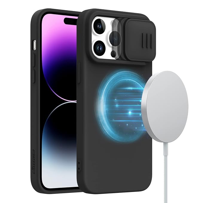Nillkin iPhone 14 Pro Case Compatible with Magsafe, Silicone Magnetic Case with Slide Camera Cover, Slim CamShield Silky Case for iPhone 14 Pro 6.1 inch, Black