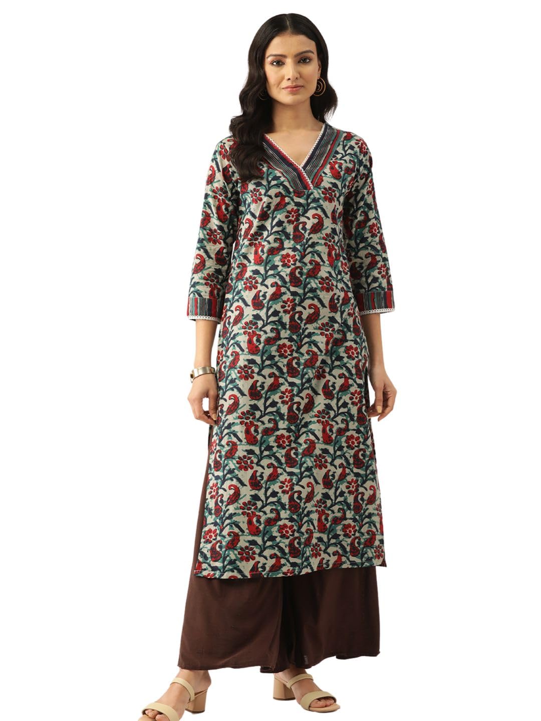 feranoid Unique Printed V-Neck Sleeveless Long Straight Kurti
