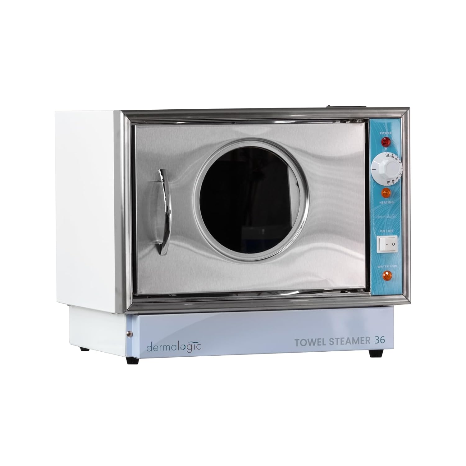Front view of the DERMALOGIC Towel Steamer 36, a compact white and stainless steel unit with a circular glass door and control panel on the right.