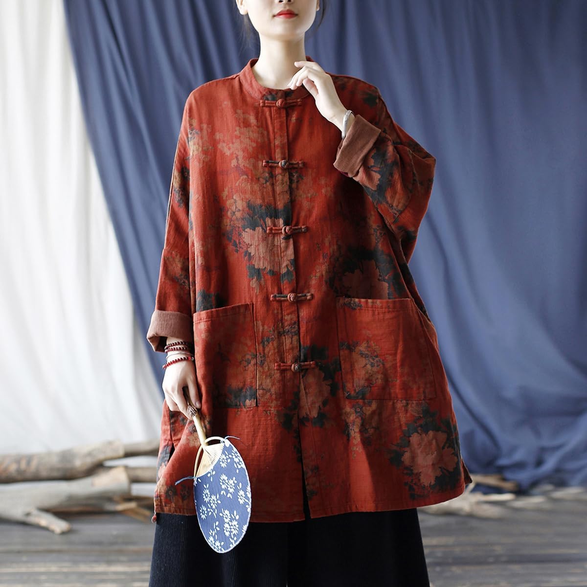 Ystylee Women Vintage Trench Coat Mid-Length Floral Print Jacket Chinese Frog Button Down Clothing Outwear - Image 6