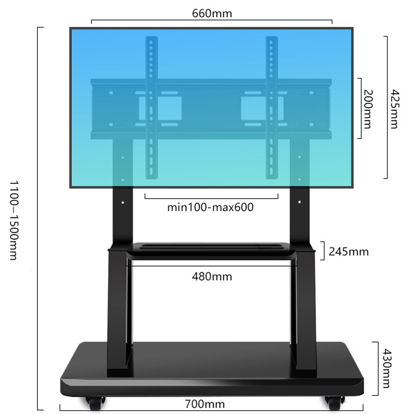 SRHIMEOS Support TV Roulette avec Support Cantilever pour Ecran de Télé de 32 à 75 Pouces LED LCD Plasma Chariot Meuble TV Pied Universel Pivotant Réglable en Hauteur avec 2 Étagères