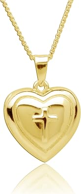 Precious Pieces Girls 14K Gold Plated or 925 Sterling Silver Cross Heart Locket Necklace