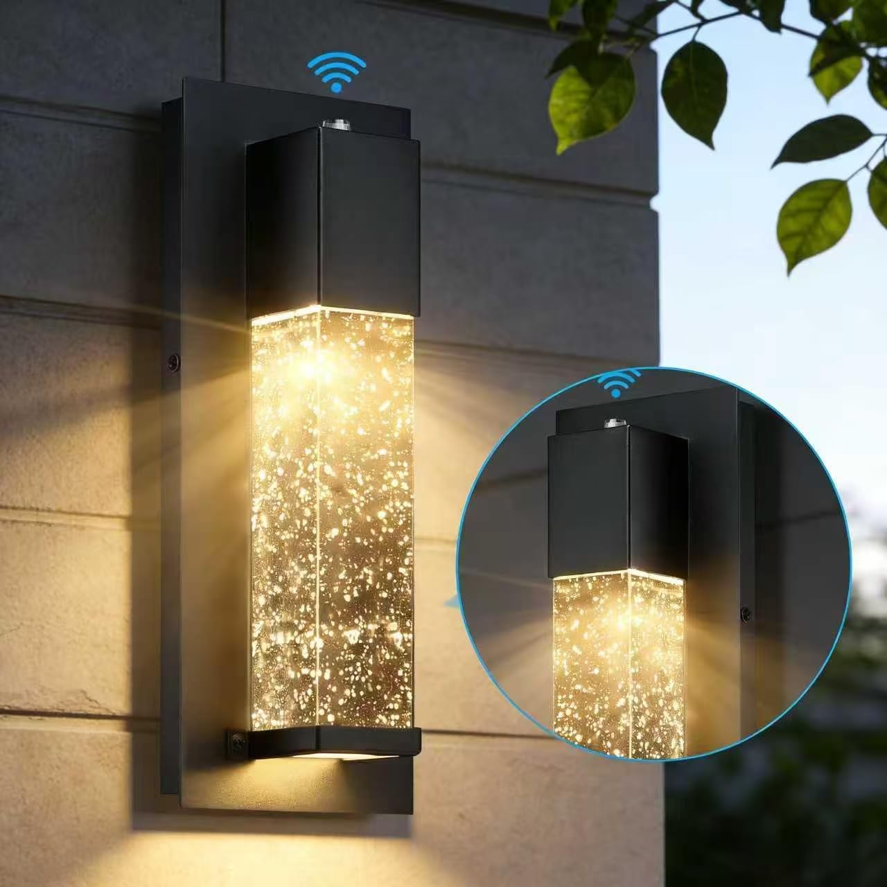 LED Dusk to Dawn Outdoor Light Fixture,2 Pack Modern Exterior Wall Sconce Porch Lights, Outside Wall Mount Lighting with Crystal Bubble Glass 13W 3000K for Front Door Patio