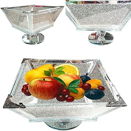 ProTech Large Silver Crushed Diamond Fruit Bowl, Glass Sparkle Ornament Bling Gift, Kitchen Centre Piece Storage, Diamante Home Décor, Crystal Filling Fruit Bowl, Luxurious Glamming Appearance