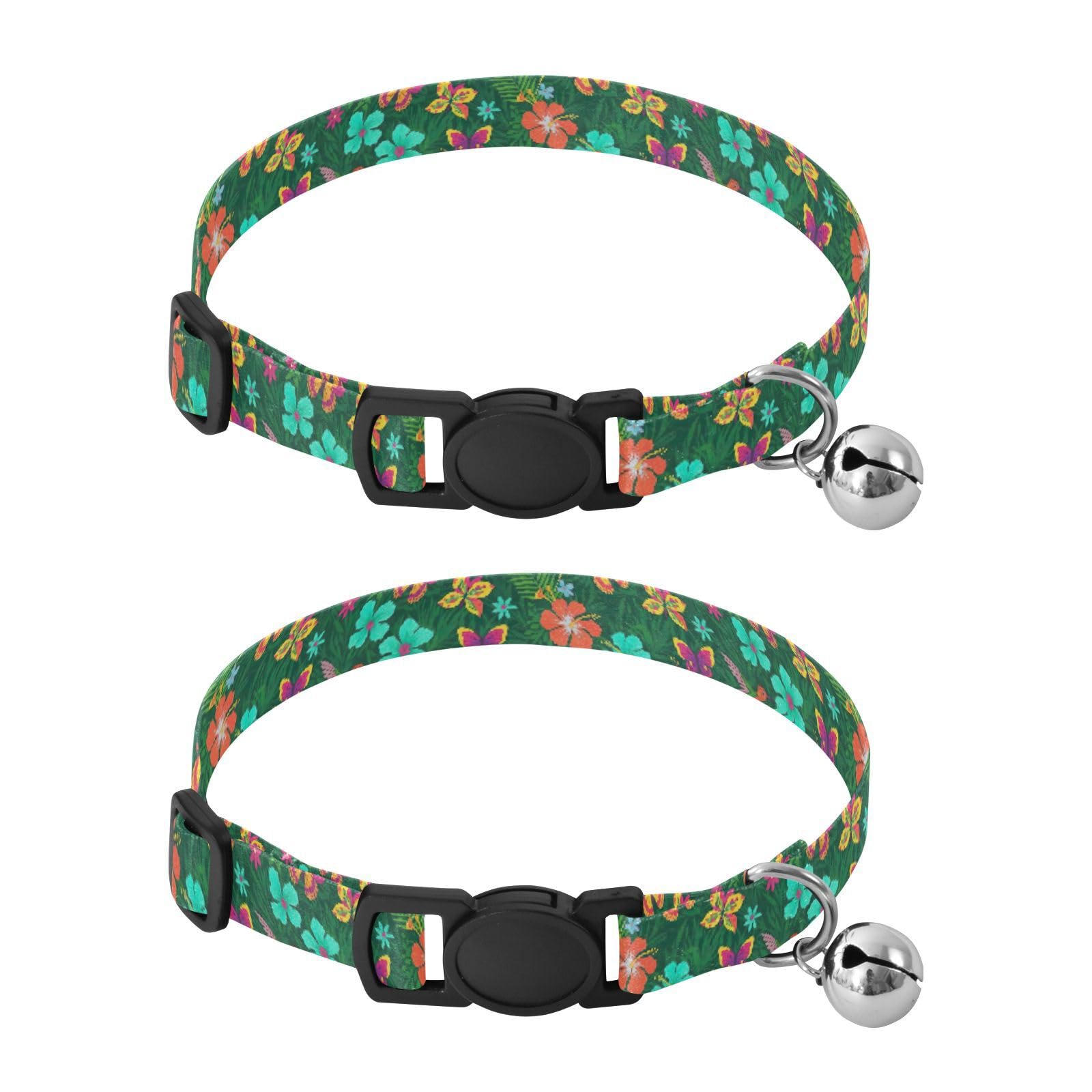 Tropical Butterfly Floral Green Pet Collar 2 Pack Collar for Cats Adjustable Length 10.6" to 17.1"