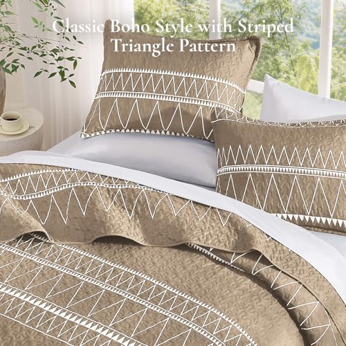 Image of Andency Taupe Quilts Queen Size, 3 Pieces Queen Quilt Bedding Set Boho Lightweight Soft Striped Bedspread for All Season (90 inchx96 inch), Printed Bohemian Polyester Reversible Coverlet Comoforter Sets