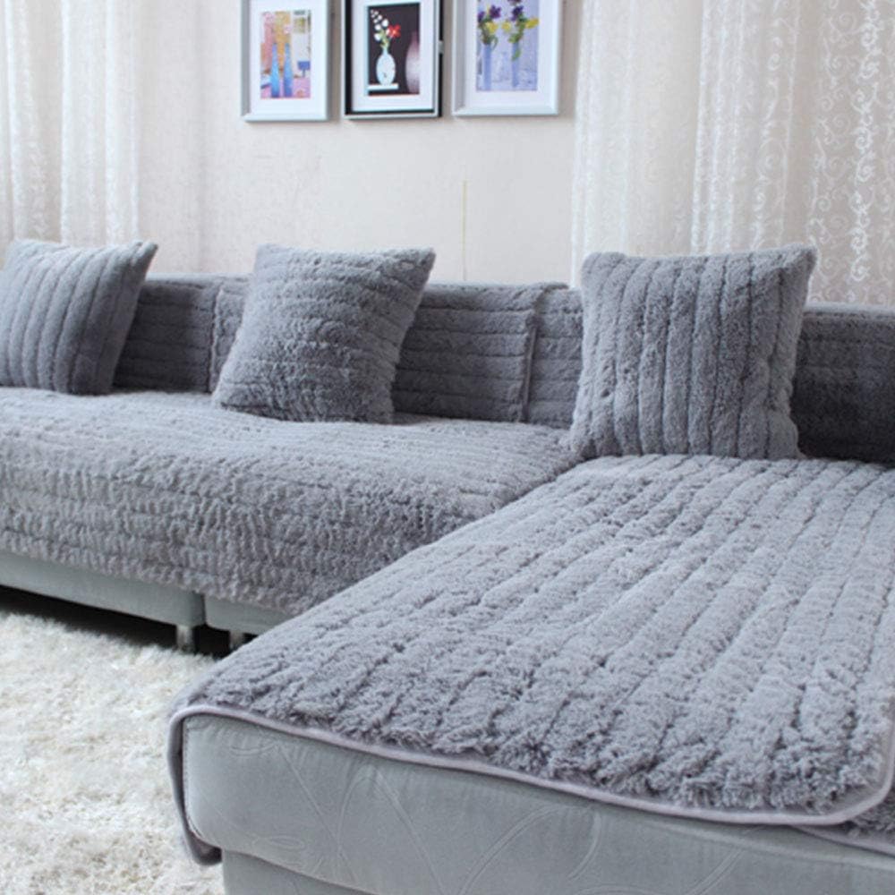 SVIO-SOFACOVER Couch Cover Sofa Slipcover,Non-Slip Sofa Slipcover Grey Fluffy Fuax Fur Furniture Protector One Piece