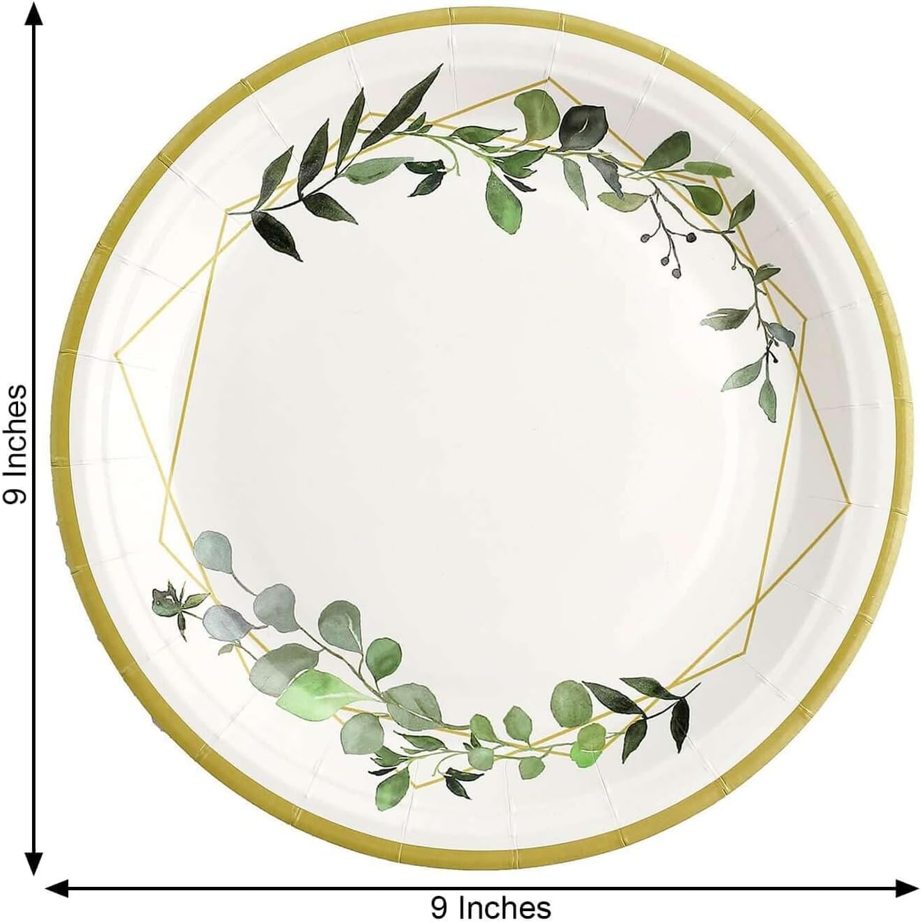 Efavormart 24-Pack 9" White Eucalyptus and Geometric Gold Rim Paper Plates; 300 GSM Disposable Dinner Plates for Nature-Inspired Receptions and Holiday Galas