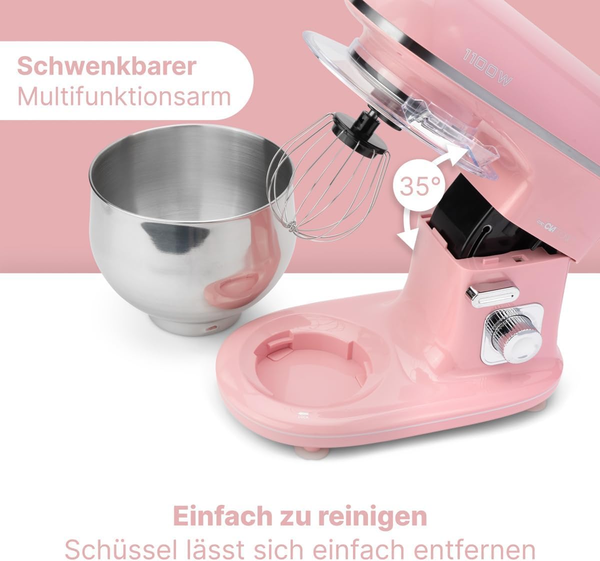 Clatronic® Küchenmaschine 1100 Watt | Knetmaschine 5L | inkl. Knethaken, Rührhaken und Schneebsen | für bis zu 3 kg Teig | robustes Spezialgetriebe | Food Processor | Teigmaschine KM 3711 pink
