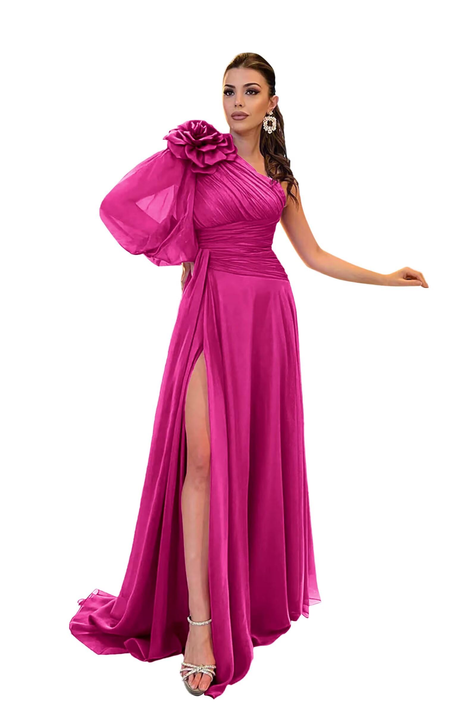 Tsbridal Long Sleeve Bridesmaid Dresses for Wedding Chiffon Pleated Flower Prom Formal Gowns with Slit