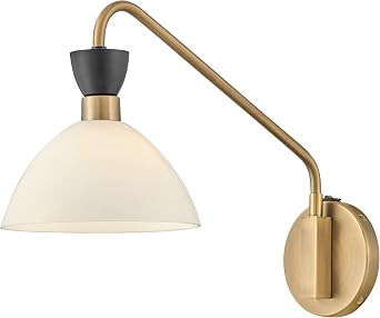 Lark Simon Medium Single Light Wall Sconce w/Glass Shade, Black and Brass | Cased Opal Glass Shade, Needs Cand. LED Bulb, MidCentury Modern, Articulating, Hardwired or Plug-In, On/Off Switch on Fixture