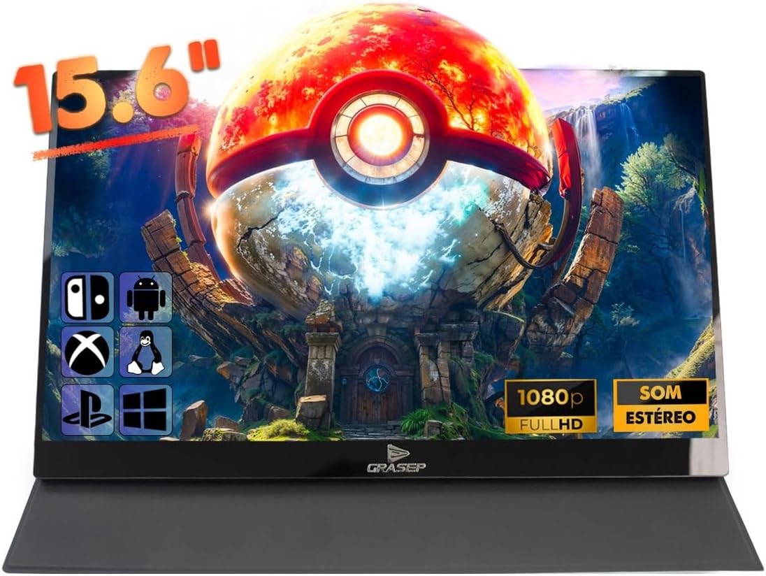 Monitor Portátil 15.6 Polegadas, Full HD 1080p, USB-C, HDMI, Som Estéreo