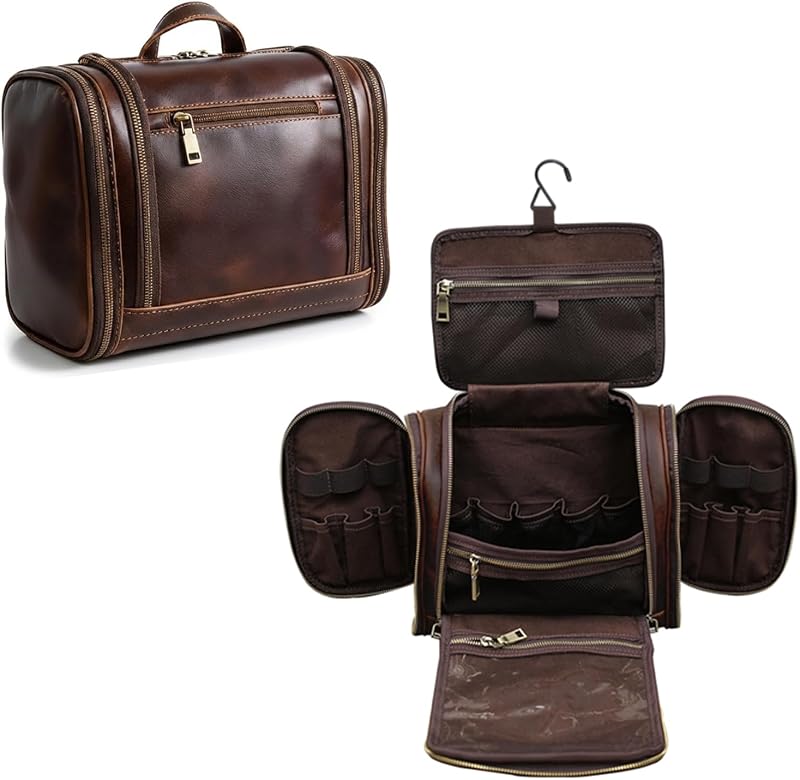 Necessaire de viagem EURYNOME em couro bovino integral, com gancho e compartimento transparente, Marrom-escuro