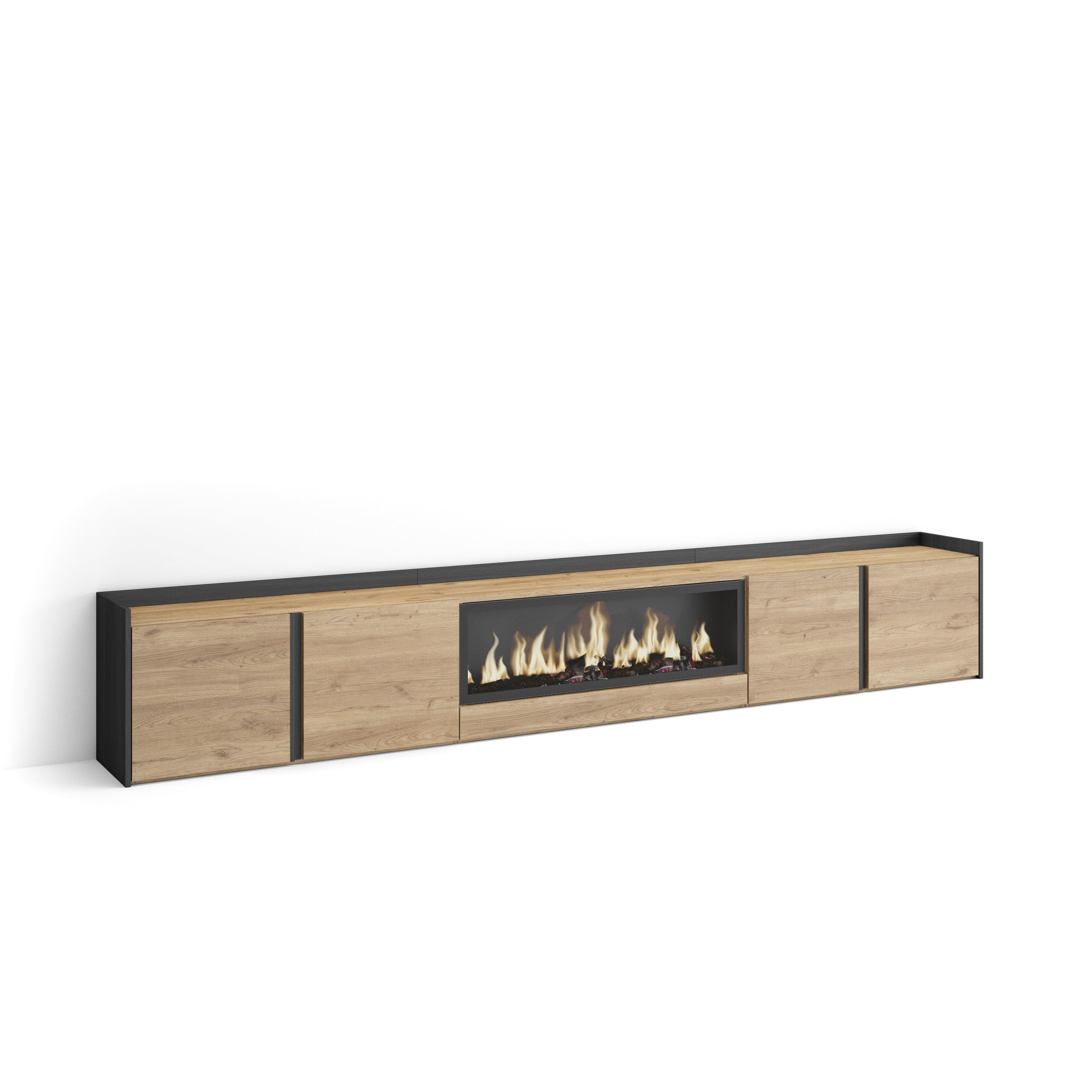 Skraut Home | Mueble TV | Muebles de salón, almacenaje | 315x50x35 cm | para televisión hasta 80" | Chimenea eléctrica XXL | Estilo Moderno | Roble y Negro