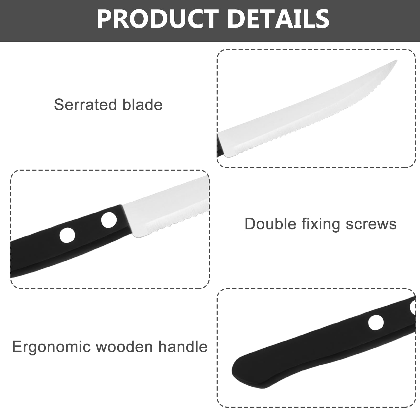 Cubertería de carne de 30 piezas, cuchillería para 15 personas, cuchillos de carne, tenedor y bistec, cubiertos de acero para bistec (negro)