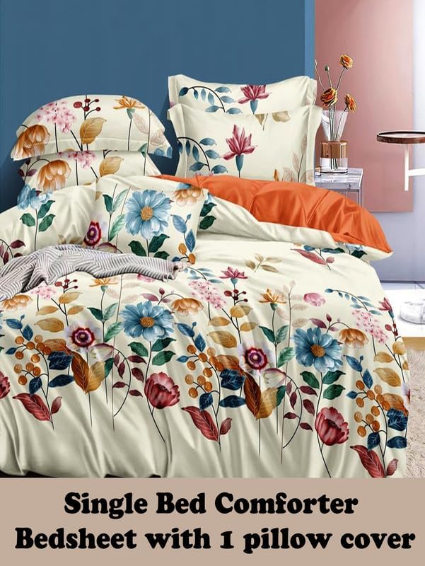 Image of Polycotton Printed 120 TC Comforter & Bedsheet Single Bed Bedding Set, Queen Size (60x90 inch), Multi & Cream, 3 Pieces
