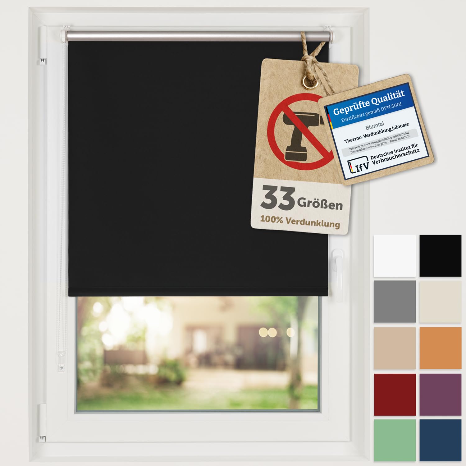 Blumtal Verdunkelungsrollo ohne Bohren 95x210cm - Thermorollo/Verdunklungsrollo 100% Verdunkelung - Klemmrollos für Fenster ohne Bohren - 4-lagiges Rollo UV-beständig - Seitenzugrollo Schwarz