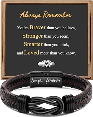 Gift for Men Infinity Bracelet for Men Dad Husband Boyfriend Son Grandson Brother Nephew Uncle Brown Braided Leather Forever Linked Together Stainless Steel Engraved with Love You Forever Jewelry 7.5|8.5|9 Inches