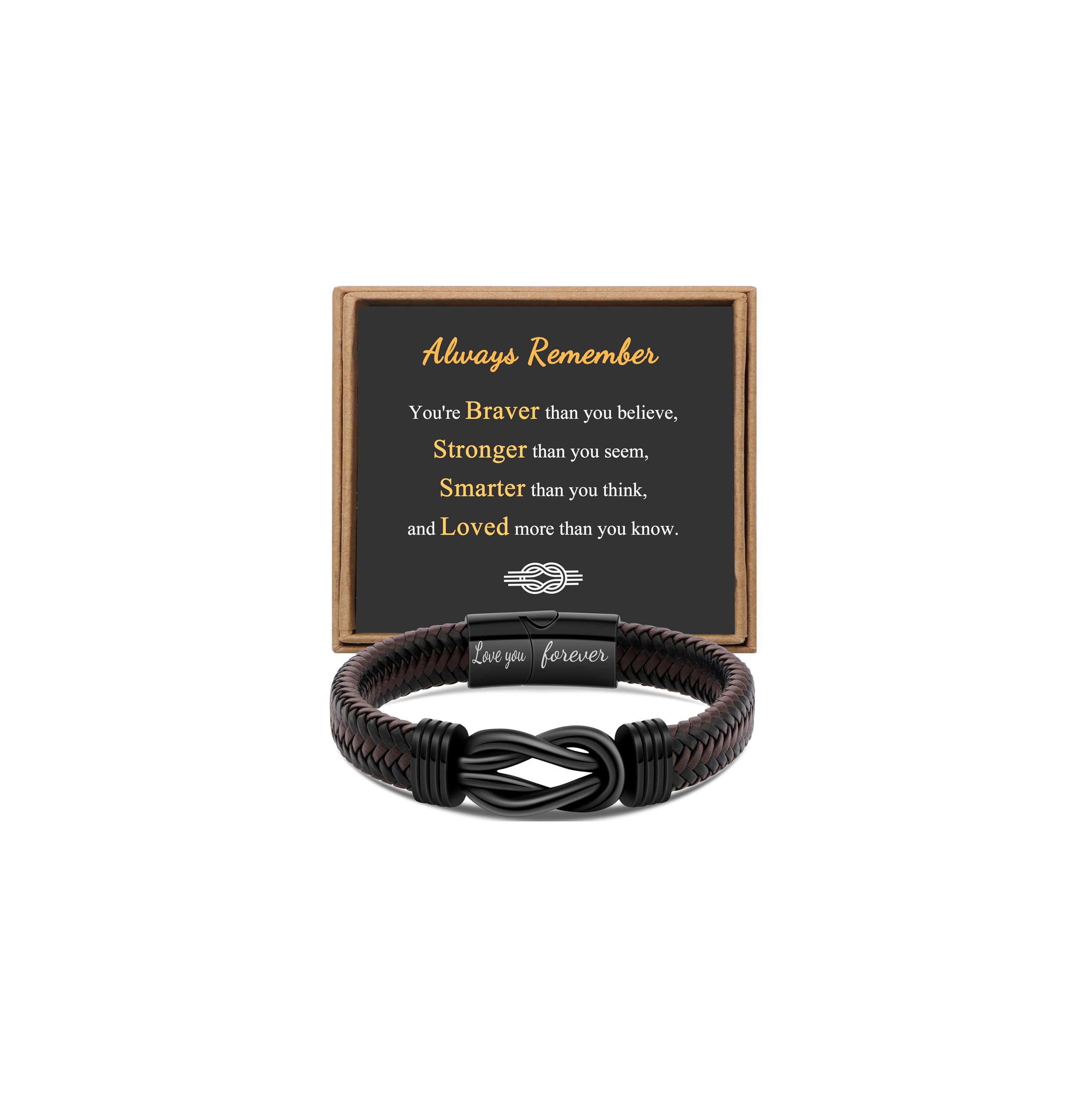Gift for Men Infinity Bracelet for Men Dad Husband Boyfriend Son Grandson Brother Nephew Uncle Brown Braided Leather Forever Linked Together Stainless Steel Engraved with Love You Forever Jewelry 7.5|8.5|9 Inches