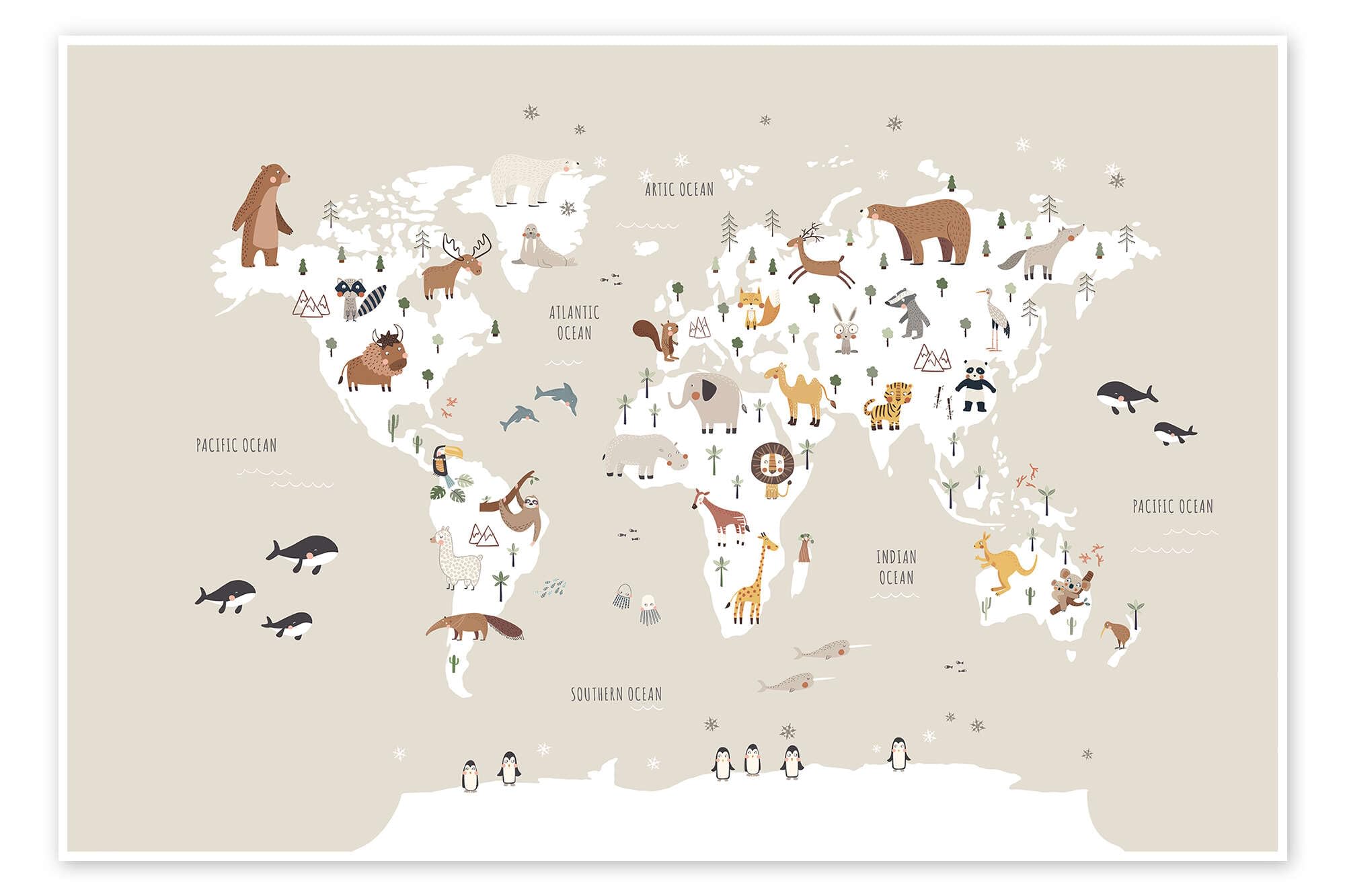 World map with animals (beige) Plakat