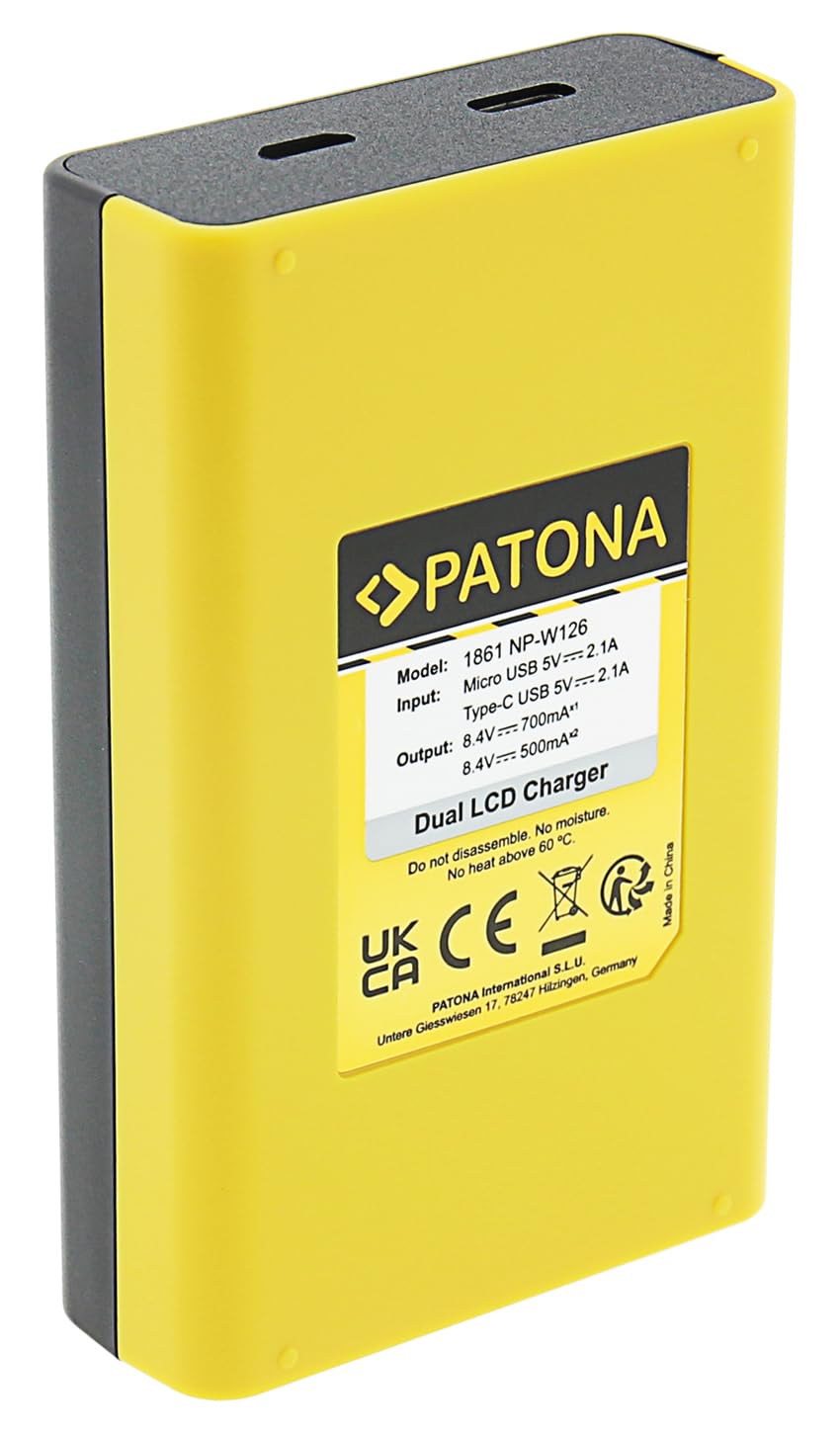 PATONA Kit Dual LCD Chargeur USB-C & Batterie 2X NP-W126S Protect 1210mAh | Compatible avec Fujifilm FinePix X-M5 X-M1 X100F X100V XT3 XA3 XA5, NTC-Sensor & étui protecteur