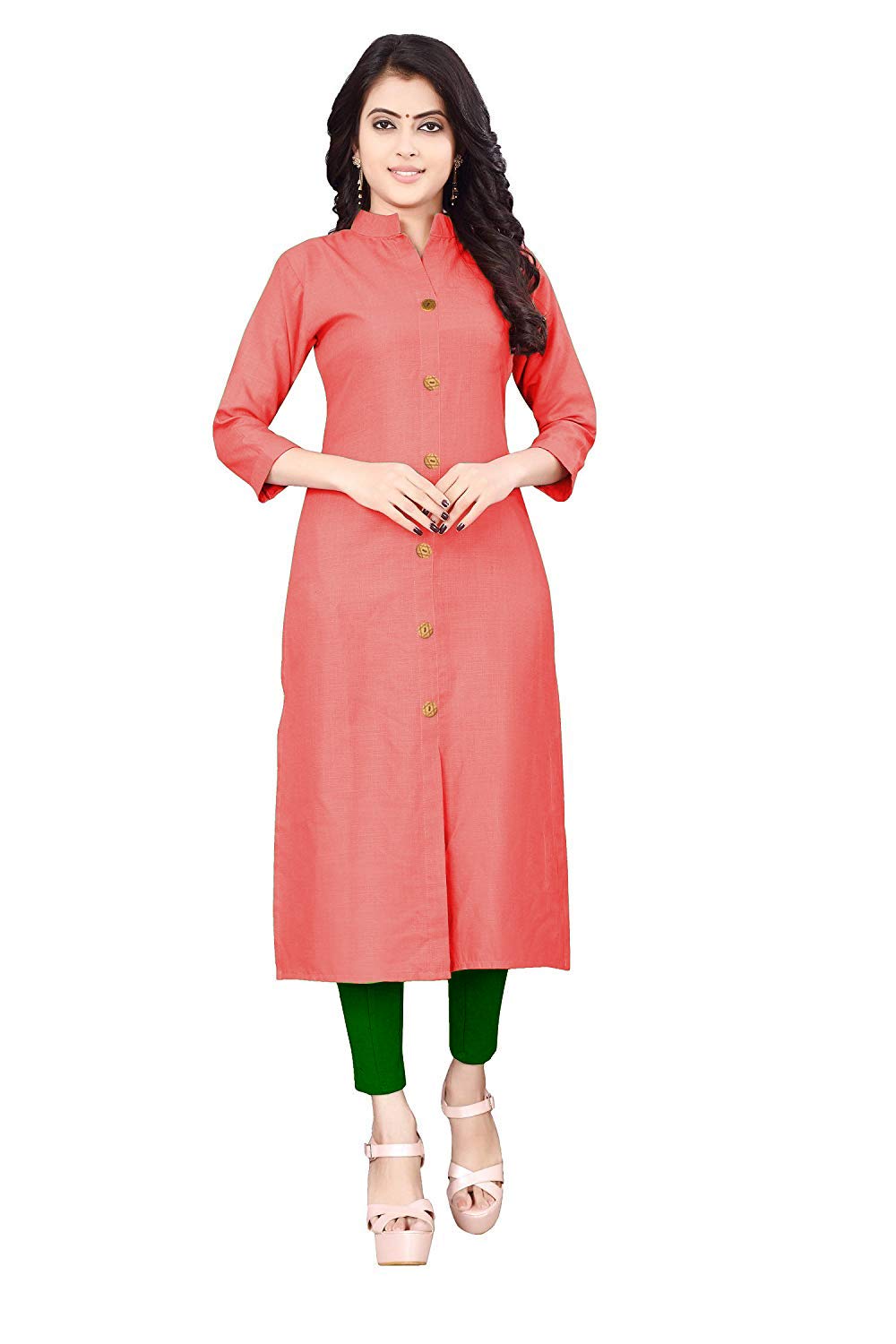 Women Cotton Blend Straight Fit Plain Frontslit Mandarin Collar Kurtis Dress With Wooden Button Pattern Peach, 2XL-image-46