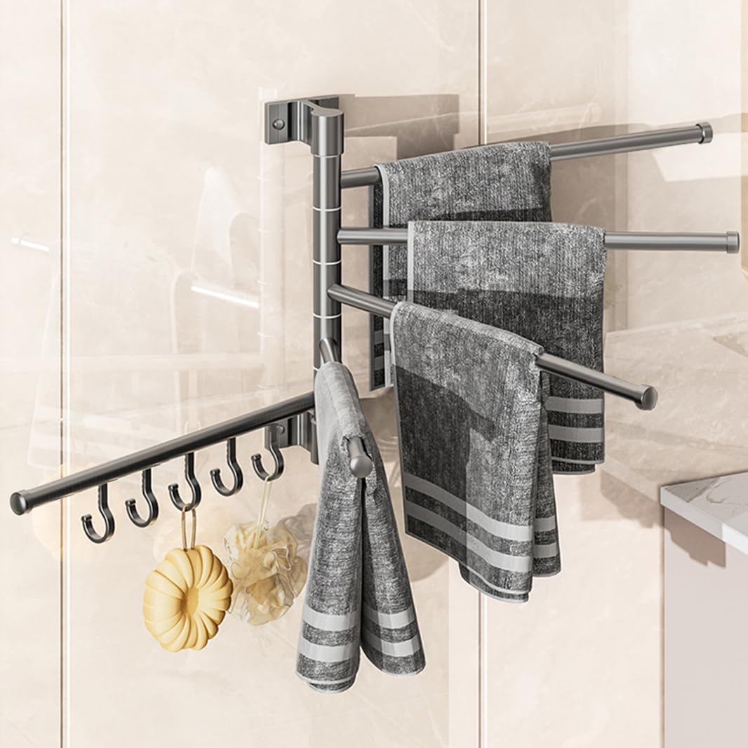 Toallero Pared Giratorio Toallers De Baño Pared Toallero De Barra con Gancho Rotación 180° Montaje En Pared con 4 Barras Aleación Engrosada Acabado Pulido White-4Bar