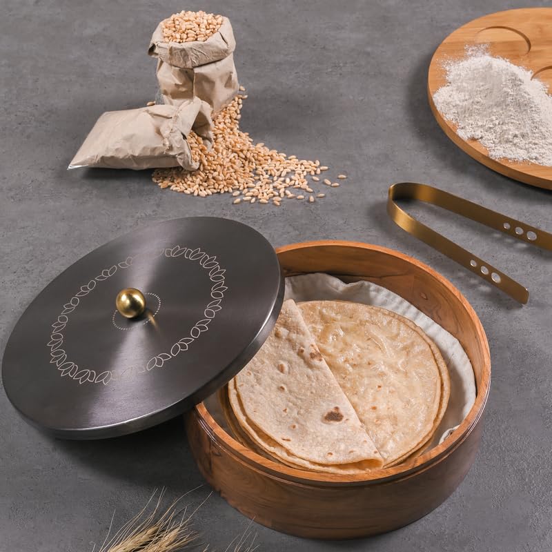Image of Wooden Chapati Box for Kitchen - Casserole for Roti with Stainless Steel Brass Lid | Wooden Chapati Box with 1 Tong | Traditional Kitchen Organizer - GunMetal (Lotus Bloom Laser Etching)