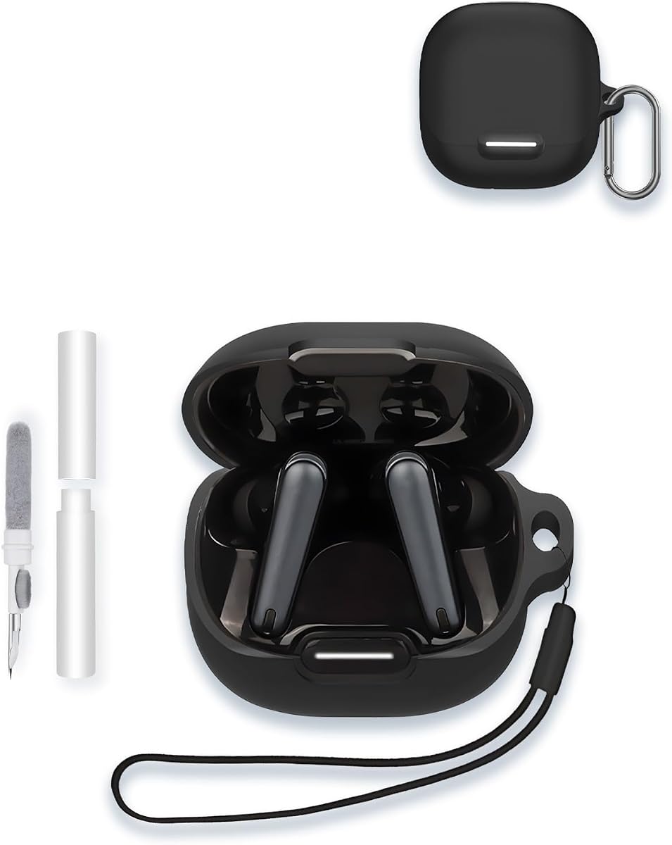 Case for Soundcore by Anker Liberty 4 NC Wireless Earbuds, WUNIAK Soft Silicone Protective Portable Scratch Shock Resistant Shell with Cleaner Kit & Carabiner & Lanyard,Black