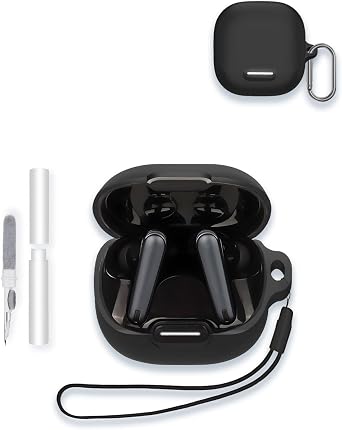 Case for Soundcore by Anker Liberty 4 NC Wireless Earbuds, WUNIAK Soft Silicone Protective Portable Scratch Shock Resistant Shell with Cleaner Kit & Carabiner & Lanyard,Black