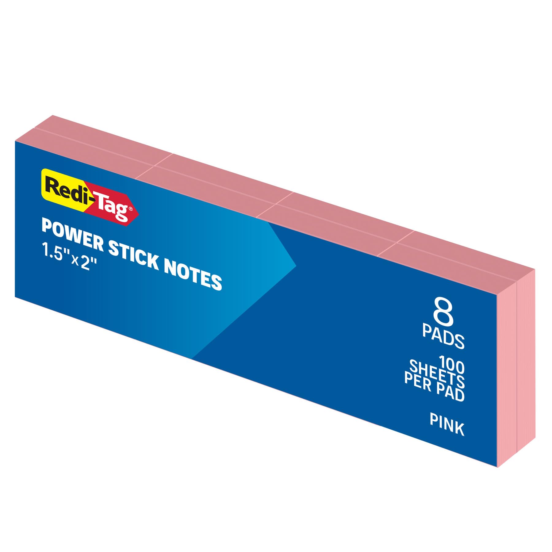 Redi-Tag Haftnotizen, 3,8 x 5,1 cm, Power-Stick-Notizen, Rosa, 8 Stück, super stark klebend, recycelbares Papier, Memoblöcke für Büro, Schule und Zuhause, 100 Blatt pro Block, insgesamt 800 Blatt