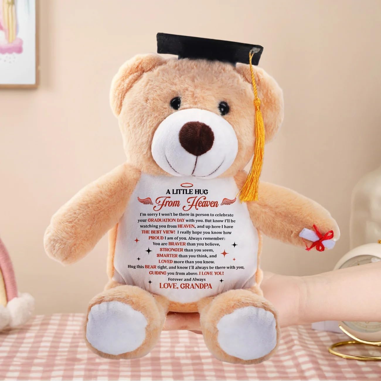 A Little Hug from Heaven - Personalized Graduation Teddy Bear, Sympathy Love Message Graduation Bear Plush, Remembrance Graduation 2026 Stuffed Bear, Memorial Graduation Gifts from Grandpa Grandma
