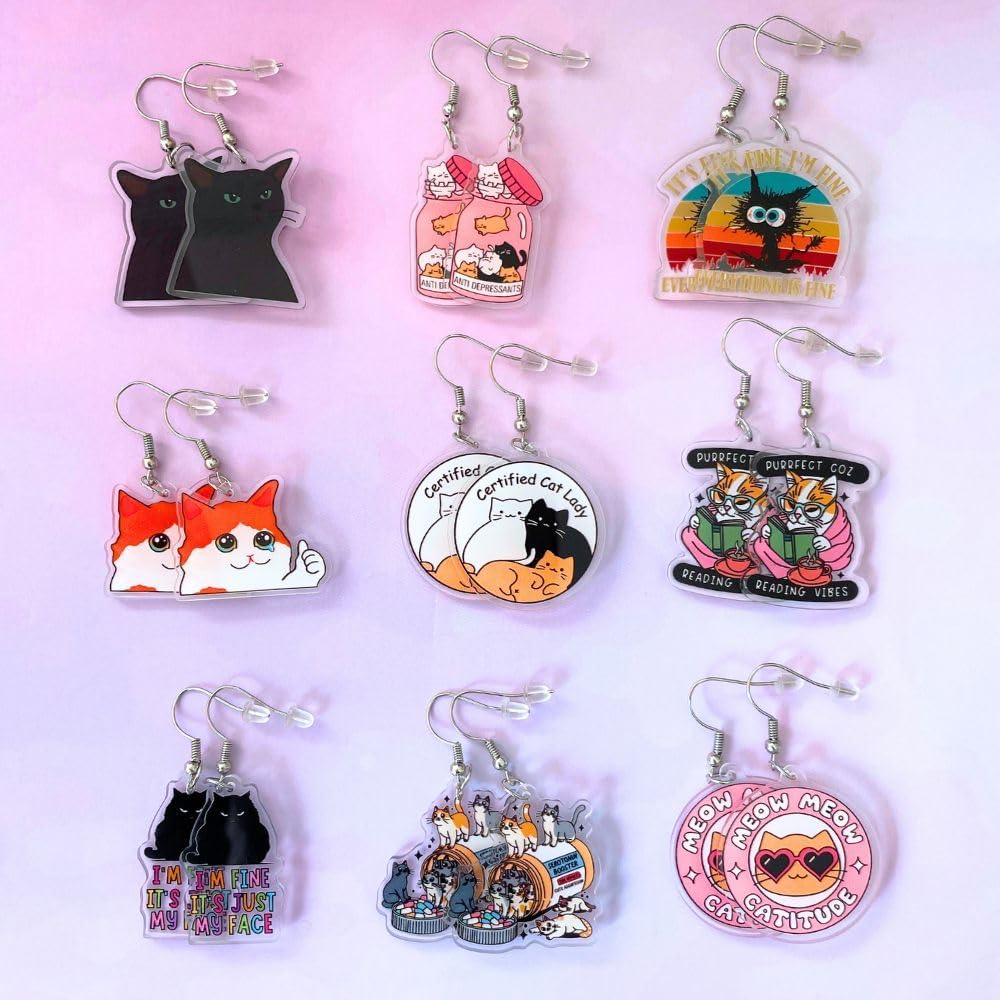 9PC Cat Earrings Funny Meme Snarky Sassy Certified Catitude Chill Stylish Dramatic Nerdy Weird Funky Cool Trendy Acrylic Purrfect Animal Pet Drop Earring Meow Accessories Gift For Women - Image 4