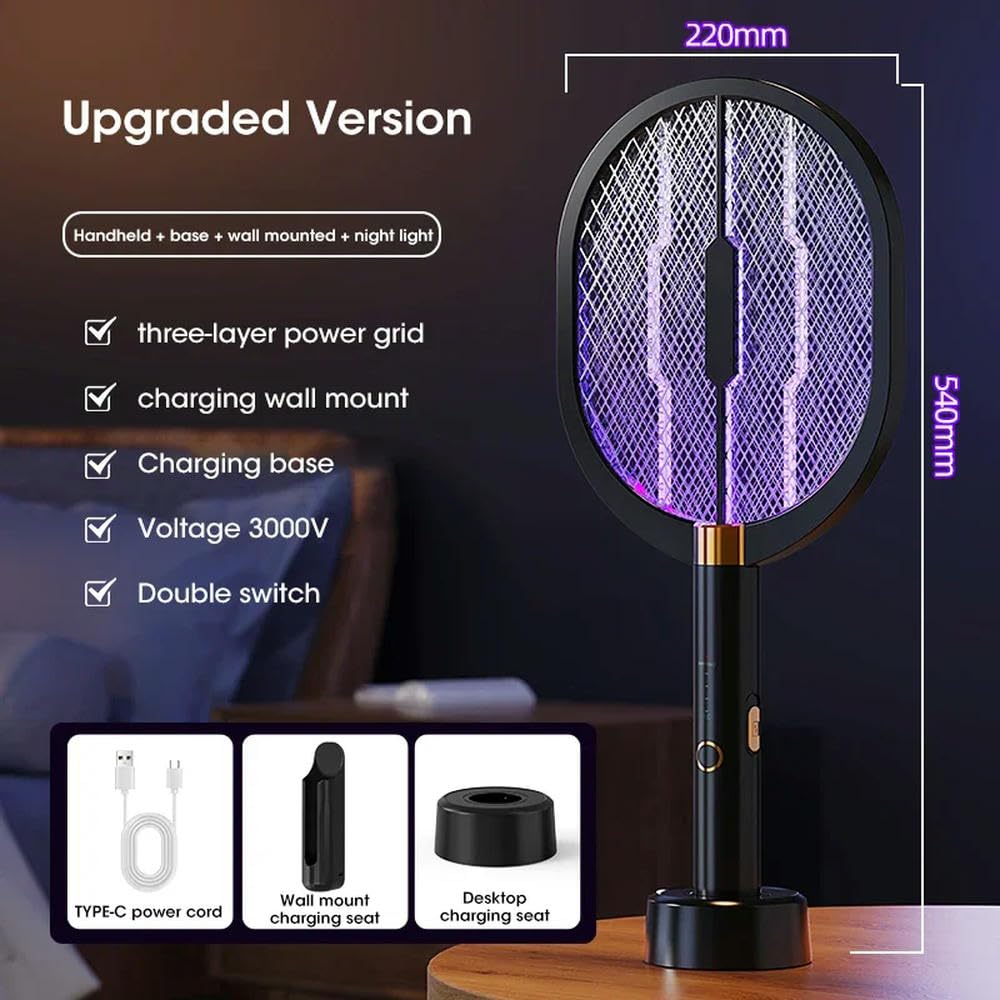 Zanzariera elettrica Racchetta antizanzare elettrica Potenziata da 3000 V con Lampada Viola Killer, zanzariera Ricaricabile di Tipo C, scaccia-Mosche(Upgraded Version)