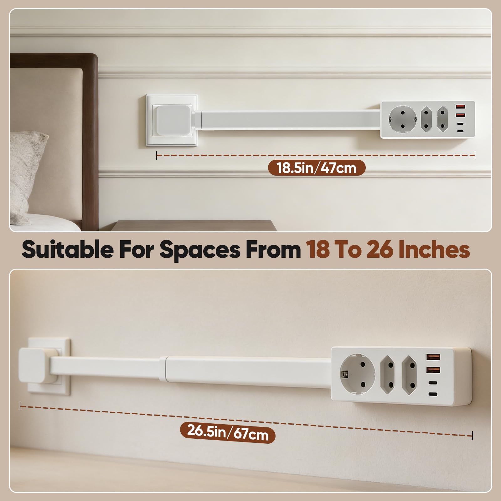 Regleta Extensible Pared de 47-67 cm, Enchufe Alargador Extensible y Giratorio 360°, Regleta Múltiple con 3 Tomas AC + 2 USB-A + 2 USB-C, para Cocina, Escritorio, Viajes, Camping
