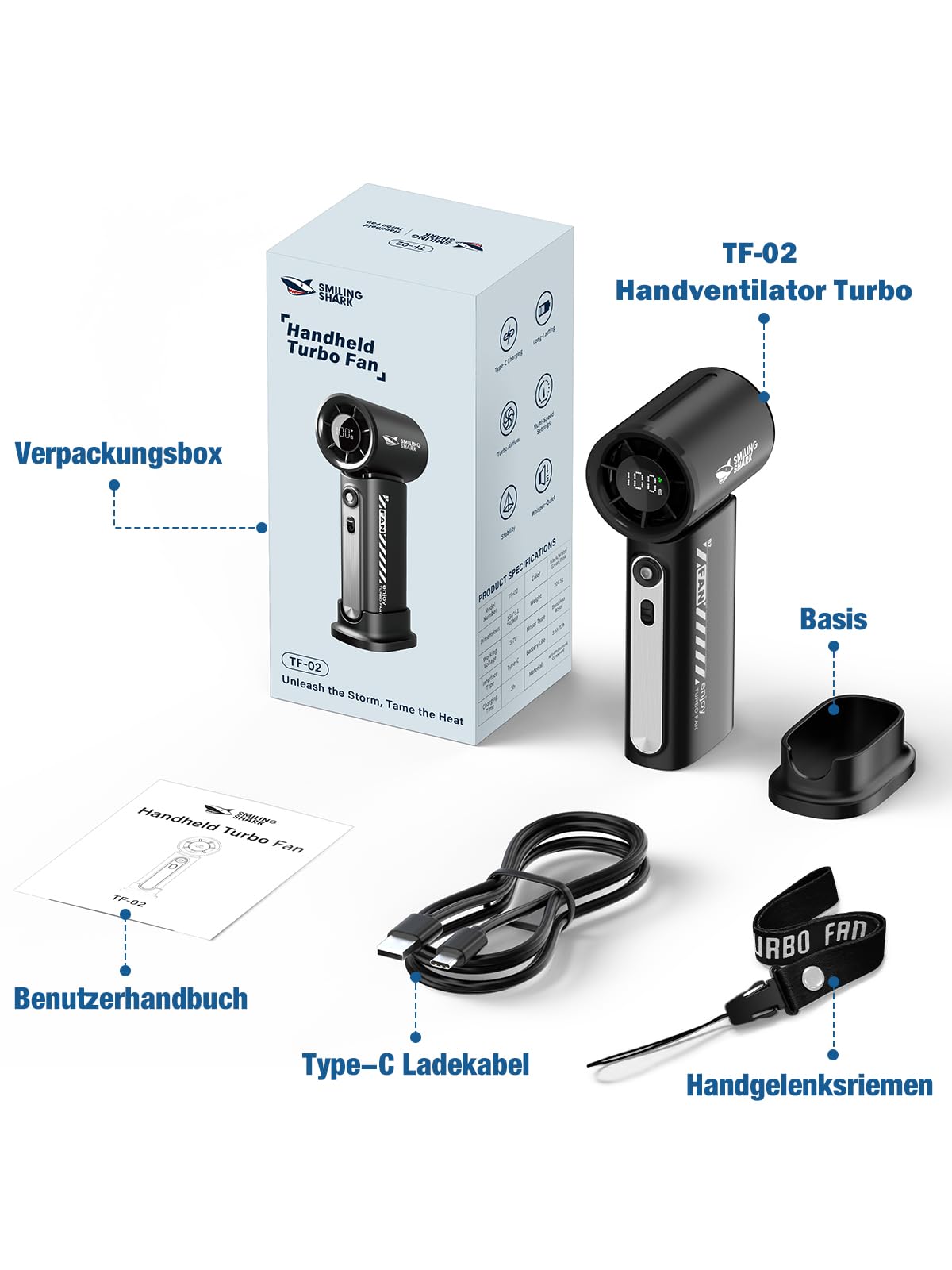 Smiling Shark TF-02 Tragbarer Turbo Handventilator, 1-100 Stufen Einstellbare Tragbarer Mini Handventilator [12Hrs Max] mit LED Anzeige/Lanyard/Basis, 2-in-1 Hand/Tischventilator für Outdoor Indoor