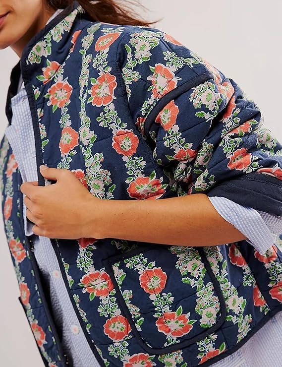 VAOYIU Women's Loose Retro Striped Quilted Jacket Stand Collar Cropped Puffer Outerwear Vintage Coat with Contrast Trim - Image 5