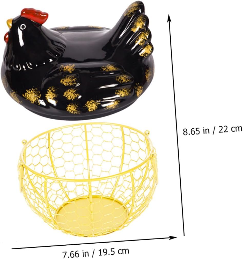 TIDTALEO Iron Art Chicken-shaped Egg Basket with Lid, Black and Gold Kitchen Storage Container, Food and Egg Holder for Rustic Farmhouse Countertop