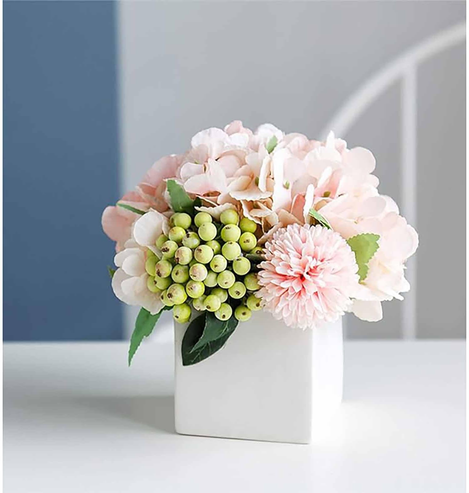 Tazweeq Ceramic Vase and Artificial Hydrangea Flower Arrangement, Home Decor Artificial Flower (Pink)